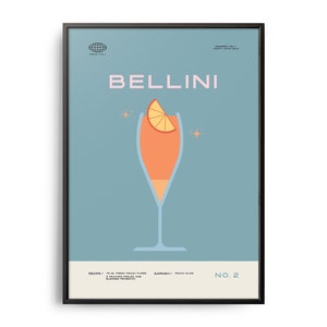 Bellini Cocktail Poster, Midcentury Bellini Cocktail Print, Cocktail Wall Art, Cocktail Recipe Wall Decor, Modern Kitchen Print, Bellini Art