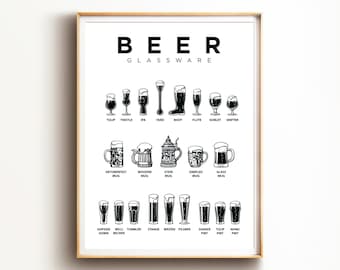 Beer Glassware Guide Print, Types of Beer Glasses Art, Brewery Decor