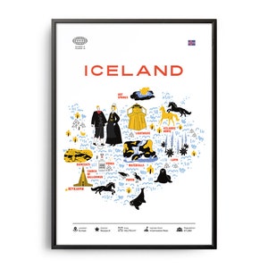 Impression de monuments d'Islande du milieu du siècle, monuments d'Islande, attractions touristiques, affiche de voyage, infographie de pays, affiche d'Islande, art de l'Islande