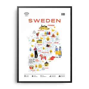 Stampa di punti di riferimento della Svezia di metà secolo, Monumenti in Svezia, Attrazioni turistiche, Poster di viaggio, Infografica del paese, Poster della Svezia, Arte murale della Svezia