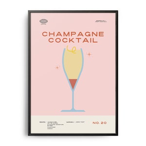 Póster de cóctel de champán, Estampado de cóctel de champán de mediados de siglo, Arte de pared de cóctel, Decoración de pared de receta de cóctel, Impresión de cocina moderna
