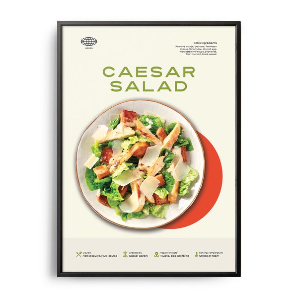 Caesar Salad Poster, Midcentury Caesar Salad Print, Food Wall Art, Food Recipe Wall Decor, Food, Retro Food Poster, Modern Kitchen Print