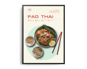 Midcentury Pad Thai Print, Retro Food Poster, Kitchen Wall Art