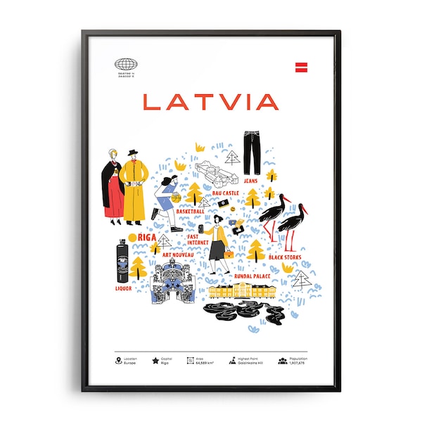 Midcentury Latvia Landmarks Print, Latvia Landmarks, Tourist Attractions, Travel Poster, Country Infographic, Latvia Poster, Latvia Art