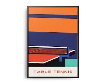 Könnte beinhalten: Ein gerahmter Kunstdruck mit einer stilisierten Tischtennisszene. Das Kunstwerk verwendet kräftige geometrische Formen und Farben, darunter Orange, Blau, Rot und Weiß. Der Text "TABLE TENNIS" ist unten aufgedruckt.