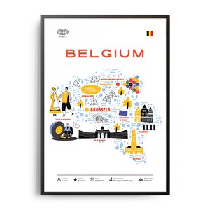 Midcentury Belgium Landmarks Print, Belgium Landmarks, Tourist Attractions, Travel Poster, Country Infographic, Belgium Poster, Belgium Art