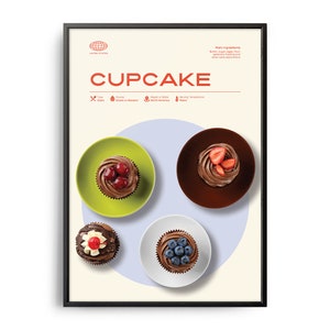 Cupcake Poster, Midcentury Cupcake Print, Food Wall Art, Food Recipe Wall Decor, Colorful Food Art, Retro Food Poster, Modern Kitchen Print