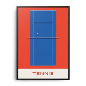 Impression de tennis du milieu du siècle, affiche de sport du milieu du siècle, art mural court de tennis, art tennis moderne, affiche tennis rétro, art mural tennis plat couleur