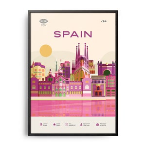 Midcentury Spain Print, Espagne Landmarks, Attractions touristiques, Affiche de voyage rétro, Affiche d’Espagne, Impression rétro d’Espagne, Espagne Art mural, Espagne