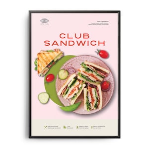 Club Sandwich Poster, Midcentury Club Sandwich Print, Food Wall Art, Food Recipe Wall Decor, Food, Retro Food Poster, Modern Kitchen Print