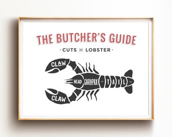 Cuts of Lobster Print, The Butcher's Guide Wall Art, Vintage Style Butcher's Guide, Lobster Poster, Retro Cuts of Lobster, Seafood Wall Art