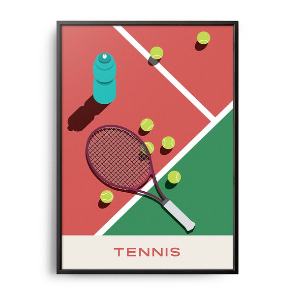 Midcentury Tennis Print, Midcentury Sport Poster, Tennis Court Wall Art, Modern Tennis Art, Retro Tennis Poster, Flat Color Tennis Wall Art