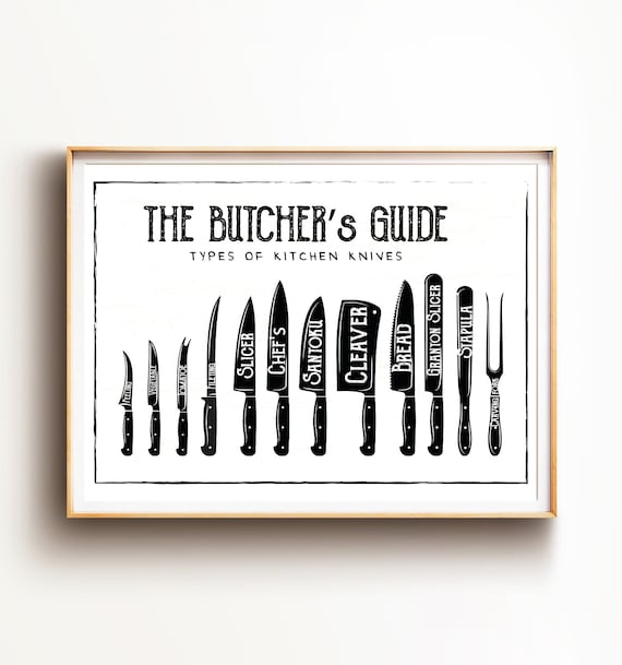 The Butcher's Guide Print, Butcher's Guide Wall Art, Kitchen Wall Decor, Types of Kitchen Knives Print, Kitchen Guide Art, Kitchen Knives