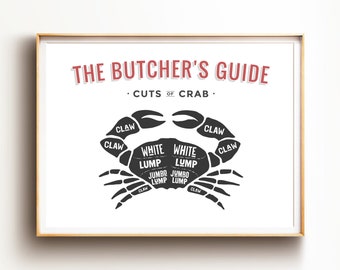 Cuts of Crab Print, The Butcher's Guide Wall Art, Vintage Style Butcher's Guide, Cuts of Crab Wall Hanging, Retro Cuts of Crab Wall Hanging