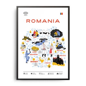 Midcentury Romania Punti di riferimento Stampa, Romania Punti di riferimento, Attrazioni turistiche, Poster di viaggio, Infografica paese, Romania Poster, Romania Arte