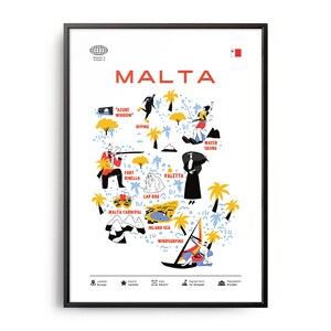 Midcentury Malta Landmarks Print, Malta Landmarks, Tourist Attractions, Travel Poster, Country Infographic, Malta Poster, Malta Wall Hanging
