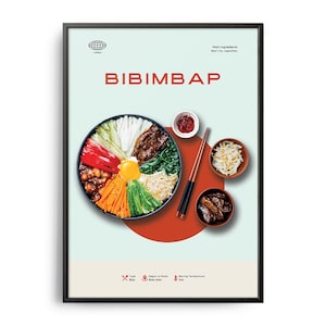 Bibimbap Poster, Midcentury Bibimbap Print, Food Wall Art, Food Recipe Wall Decor, Colorful Food, Retro Food Poster, Modern Kitchen Print