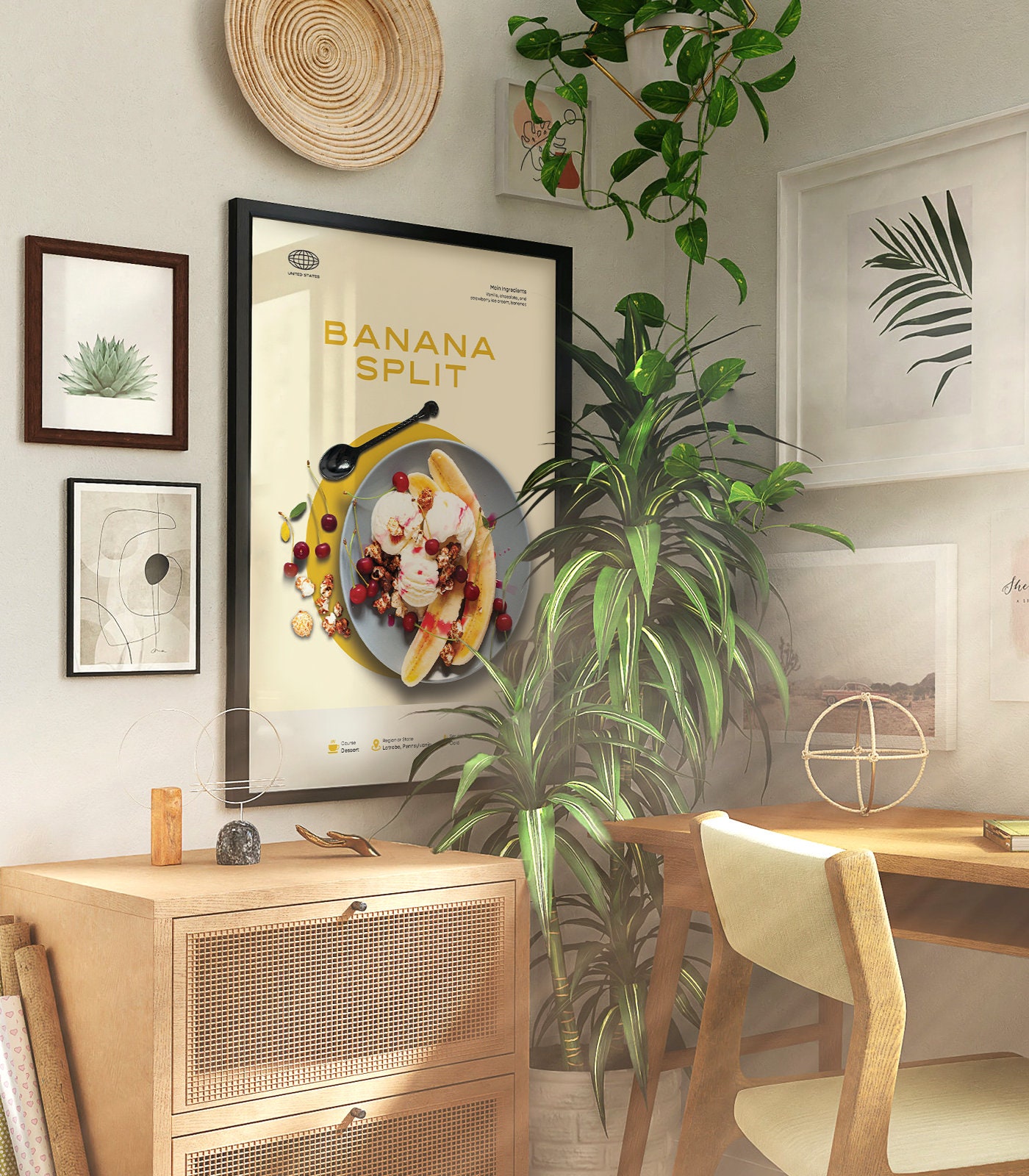 Banana Split Print, Mid-century Modern Food Poster, Kitchen Wall