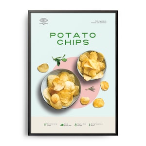 Potato Chips Poster, Midcentury Potato Chips Print, Food Wall Art, Food Recipe Wall Decor, Colorful, Retro Food Poster, Modern Kitchen Print
