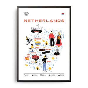 Midcentury Netherlands Landmarks Print, Pays-Bas Landmarks, Attractions touristiques, Country Infographic, Netherlands Poster, Netherlands Art