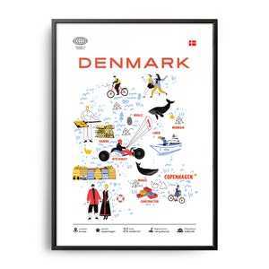Stampa di monumenti della Danimarca di metà secolo, Monumenti in Danimarca, Attrazioni turistiche, Poster di viaggio, Infografica del paese, Poster della Danimarca, Arte della Danimarca