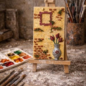 Handmade Plaster Relief Wall Art, Cottagecore Rustic Moss & Brick Plaque, Tuscan Folk Floral Vase Decor