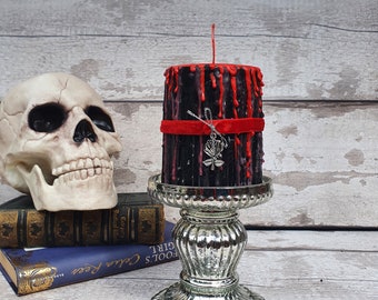 Crying Black and Red Candle, Dripping Pillar Candle, Weeping Candle, Rose Pendant, Large Vampire Candle, Gothic Decor