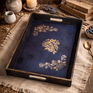 Hand Painted Wooden Serving Tray – Rustic Floral Design – Cottage Style Breakfast & Coffee Table Decor