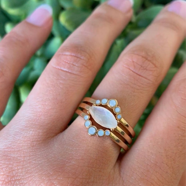 Best Seller Gem Trio | 18k Gold Plated Moonstone/Rose Quartz Ring,Gemstone Ring, Middle Finger Ring,Birthday Gift,Holidays, Christmas, Gifts