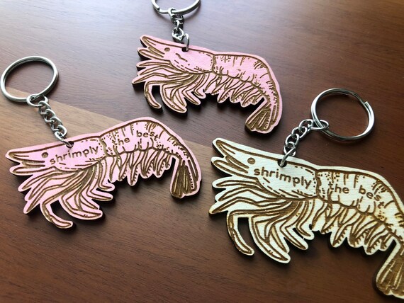 Shrimply The Best Shrimp Pun Keychain Personalized Custom Pink Wood Wooden Engraved Keyring