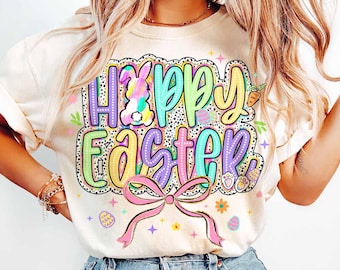 Happy Easter Png, Brushstroke bunny easter png, bunny coquette bow png, retro easter png, preppy easter png, Dalmatian Dots, Hand Drawn