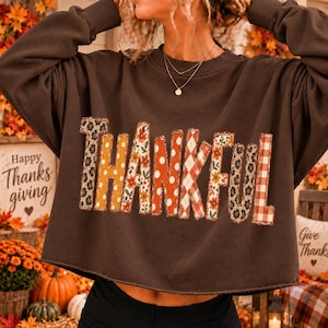 May include: A dark brown long-sleeve sweatshirt featuring the word THANKFUL across the chest. Each letter is filled with a different pattern, including leopard print, orange polka dots, floral motifs, and a red and white gingham check pattern.