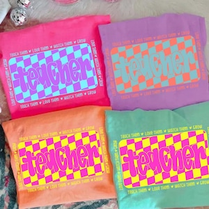 Retro Teacher PNG, Colorful Checkerboard Teacher Sublimation, Back to School Png, Groovy Love Them Teach Them Png