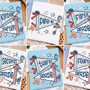 May include: A collection of six rectangular fabric panels featuring baseball-themed school grade designs. Each panel displays two pennants with blue text, baseballs, gloves, caps, hot dogs, and red and blue stars on light blue or white backgrounds.
