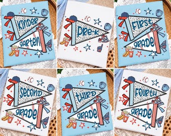 May include: A collection of six rectangular fabric panels featuring baseball-themed school grade designs. Each panel displays two pennants with blue text, baseballs, gloves, caps, hot dogs, and red and blue stars on light blue or white backgrounds.