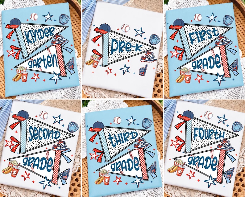 May include: A collection of six rectangular fabric panels featuring baseball-themed school grade designs. Each panel displays two pennants with blue text, baseballs, gloves, caps, hot dogs, and red and blue stars on light blue or white backgrounds.