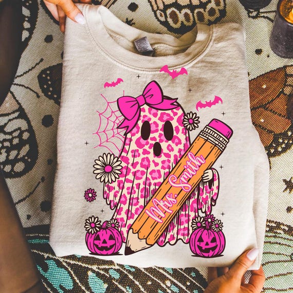 Teacher Ghost PNG, Pink Leopard Halloween Digital Download, Cute Spooky Ghost with Pencil PNG, Customizable Teacher Fall Sublimation Clipart