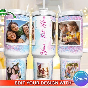 May include: Three white stainless steel travel mugs with a pink and blue glitter design. Each mug has a different photo of a family in a white frame. The mugs have a handle and a lid with a straw.