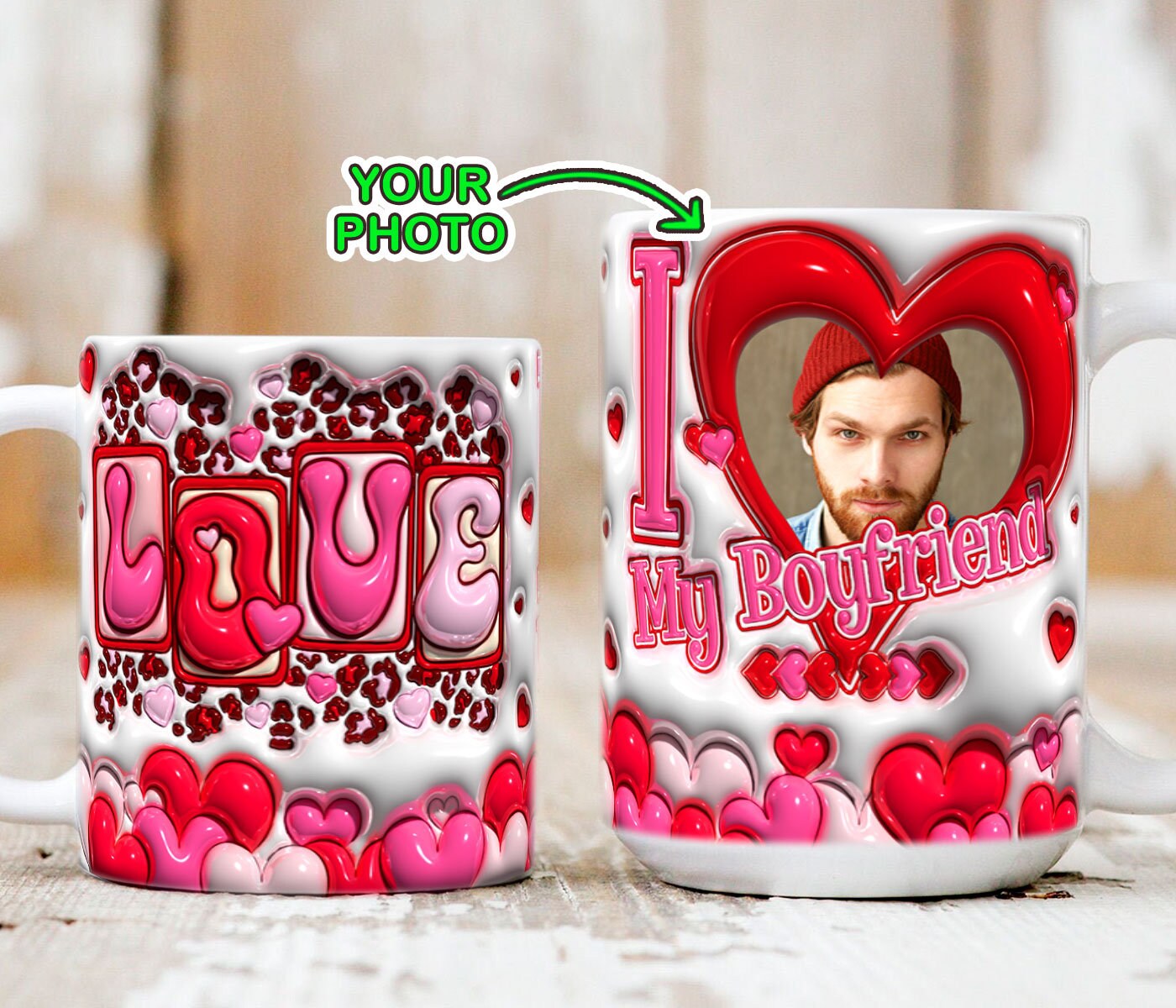 Discover 3D Inflated Custom Valentine Mug Wrap, 11oz 15oz Mug, Couple Mug, Add Your Photo,  Valentine Gift