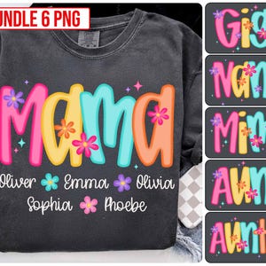 Peut inclure: Un t-shirt noir avec le mot "Mama" en lettres color&eacute;es avec des fleurs. Le t-shirt a &eacute;galement les noms Oliver, Emma, Sophia, Olivia et Phoebe imprim&eacute;s sous le mot "Mama".