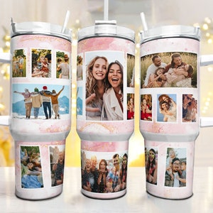 May include: Three stainless steel tumblers with pink and gold marble designs. Each tumbler features a collage of photos of families and friends.