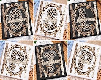 May include: A collection of six square signs featuring large checkered letters inside ornate oval frames. Each sign displays a specific job title including Counselor, Sped, Librarian, Principal, teacher, and Para, accented with stars and bows.