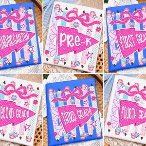 May include: A collection of six rectangular signs featuring a pink pennant with white text reading Kindergarten, Pre-K, First Grade, Second Grade, Third Grade, and Fourth Grade. The designs include blue or white backgrounds, pink bows, stars, and pencils.