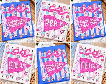 May include: A collection of six rectangular signs featuring a pink pennant with white text reading Kindergarten, Pre-K, First Grade, Second Grade, Third Grade, and Fourth Grade. The designs include blue or white backgrounds, pink bows, stars, and pencils.