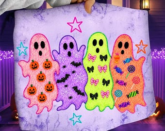 May include: A light purple fabric featuring four ghost illustrations. The first ghost is pink with orange pumpkins, the second is purple with black bats and white spiderwebs, the third is lime green with pink and black bows, and the fourth is orange with colorful candy illustrations. Pink and orange star outlines are scattered across the background.