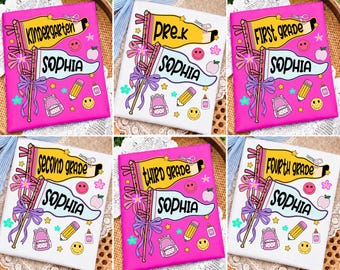 May include: A collection of rectangular signs featuring school-themed graphics including yellow pencil banners with grade levels, blue pennants with the name Sophia, pink backpacks, glue bottles, and smiley faces on pink or white backgrounds.