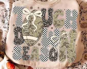 Preppy Touch Down Season Png, Game Day PNG, Neutral Football Sublimation, Leopard Camo Checker Shirt Design, Fall Sports Sublimation PNG