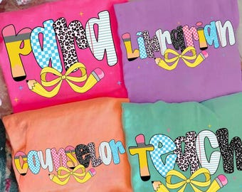 Retro School Occupation PNG Bundle, Back to School Teacher Para Counselor Librarian, Preppy First Day of School Girly Png, Colorful
