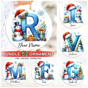 Paquete de adornos navideños con alfabeto PNG / 52 diseños de monogramas de muñecos de nieve PNG / Archivos de sublimación / Descarga instantánea para manualidades navideñas