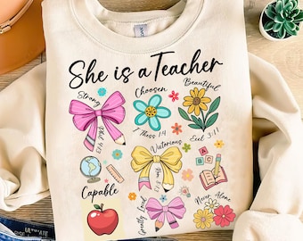 Elle est enseignante au format PNG, enseignante pour maman Png, enseignante chrétienne Png, versets de la Bible Png, enseignante cadeau floral fête des mères, enseignante Coquette noeud Png